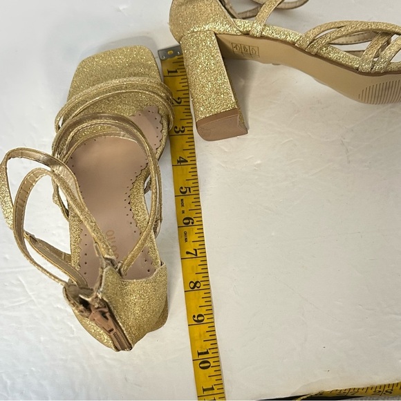 Gold Strappy Block Heel Sandals women size 8 sparkly zipper back 3’ heels party - Picture 4 of 15